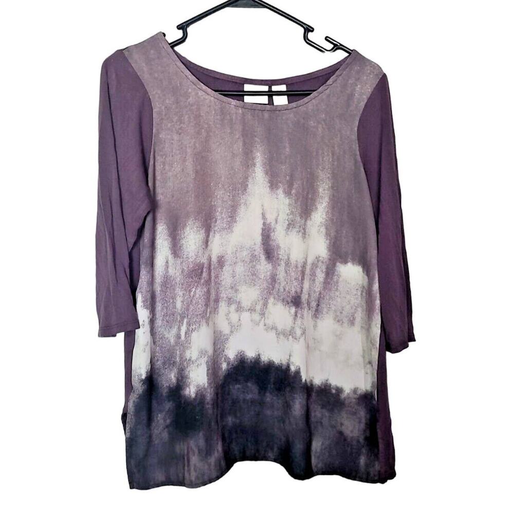 Zenergy by Chico's Purple White Black Tie Dye 3/4 Sleeve Top Womans Size Small